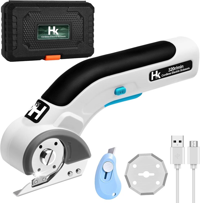 H & K Cordless Electric Scissors, 4V Electric Box Cutter, Carpet & Cardboard Cutter Tool with a Replacement Blade/Charger, Rotary Cutter for Cardboard Packages Leather Plastic - Image 1